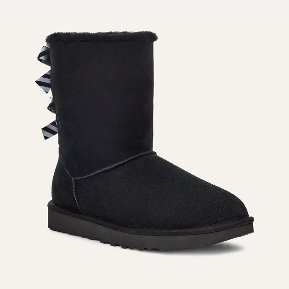 UGG Shoes - UGG Women's Black Bailey Bow II  Suede Ankle Winter Snow Boot Size 8